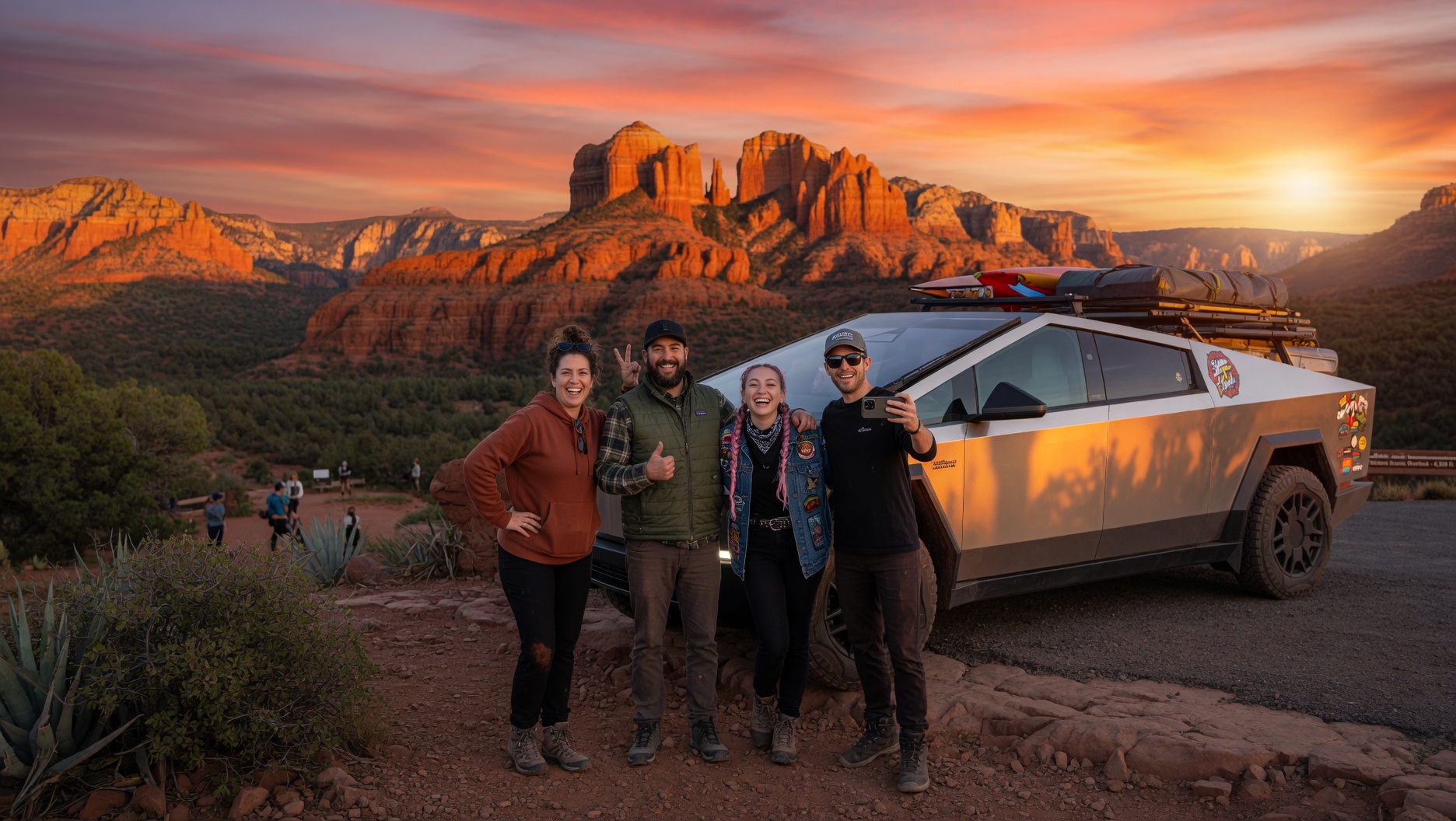 Group with Cybertruck at Sedona sunset overlook